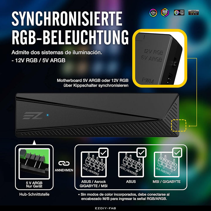 EZDIY-FAB ARGB PWM Lüfter Hub für PC Gehäuselüfter,8 PWM Anschlüsse+8 ARGB Anschlüsse,12V RGB/5V ARG