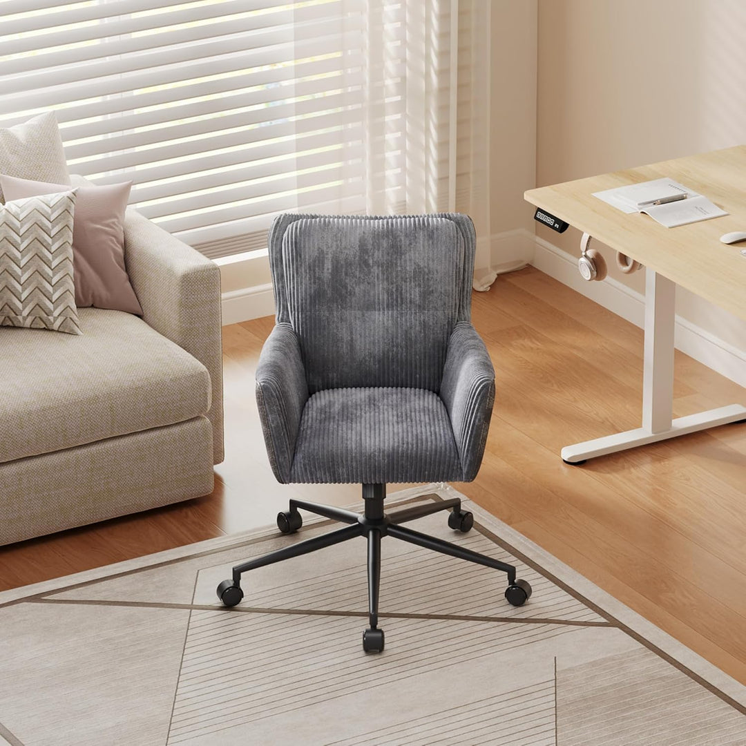 DEVAISE Homeoffice Stuhl Cord Stoff Dunkelgrau, Ergonomischer Schminktischstuhl mit Kissen, höhenver