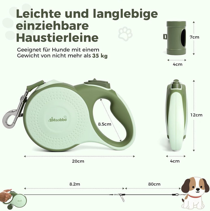 Einziehbare Hundeleine 8m, Rollleine mit bissfesten Stahlseil & Kottaschenhalter, Verhedderungsfreie