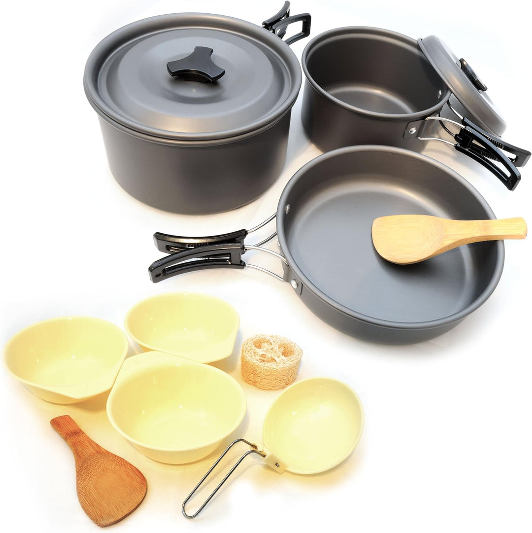 Ganzoo Outdoor-Kochgeschirr Set 12-teilig in Anthrazit, beschichtetes Aluminium, rostfrei, Antihaft,