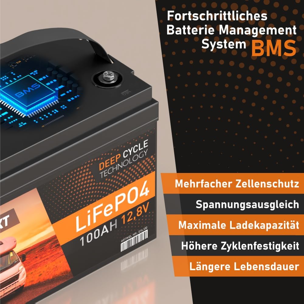 EXAKT LiFePO4 100Ah 12V inkl. BMS Lithium Batterie Solarbatterie Akku Wohnmobil Solar Bootsbatterie