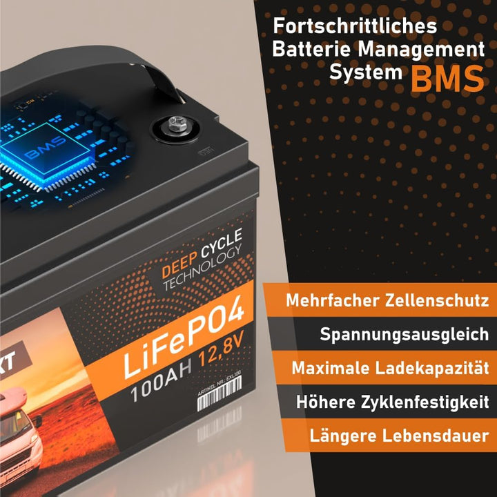 EXAKT LiFePO4 100Ah 12V inkl. BMS Lithium Batterie Solarbatterie Akku Wohnmobil Solar Bootsbatterie