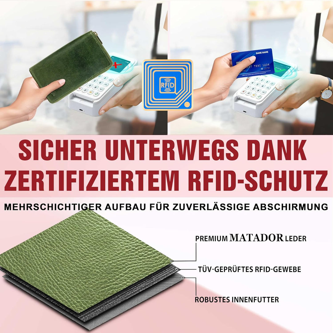 MATADOR ECHT Leder Frauen Geldbörse TüV Geprüfter RFID Schutz Damen Portemonnaie Rindsleder Scheinta