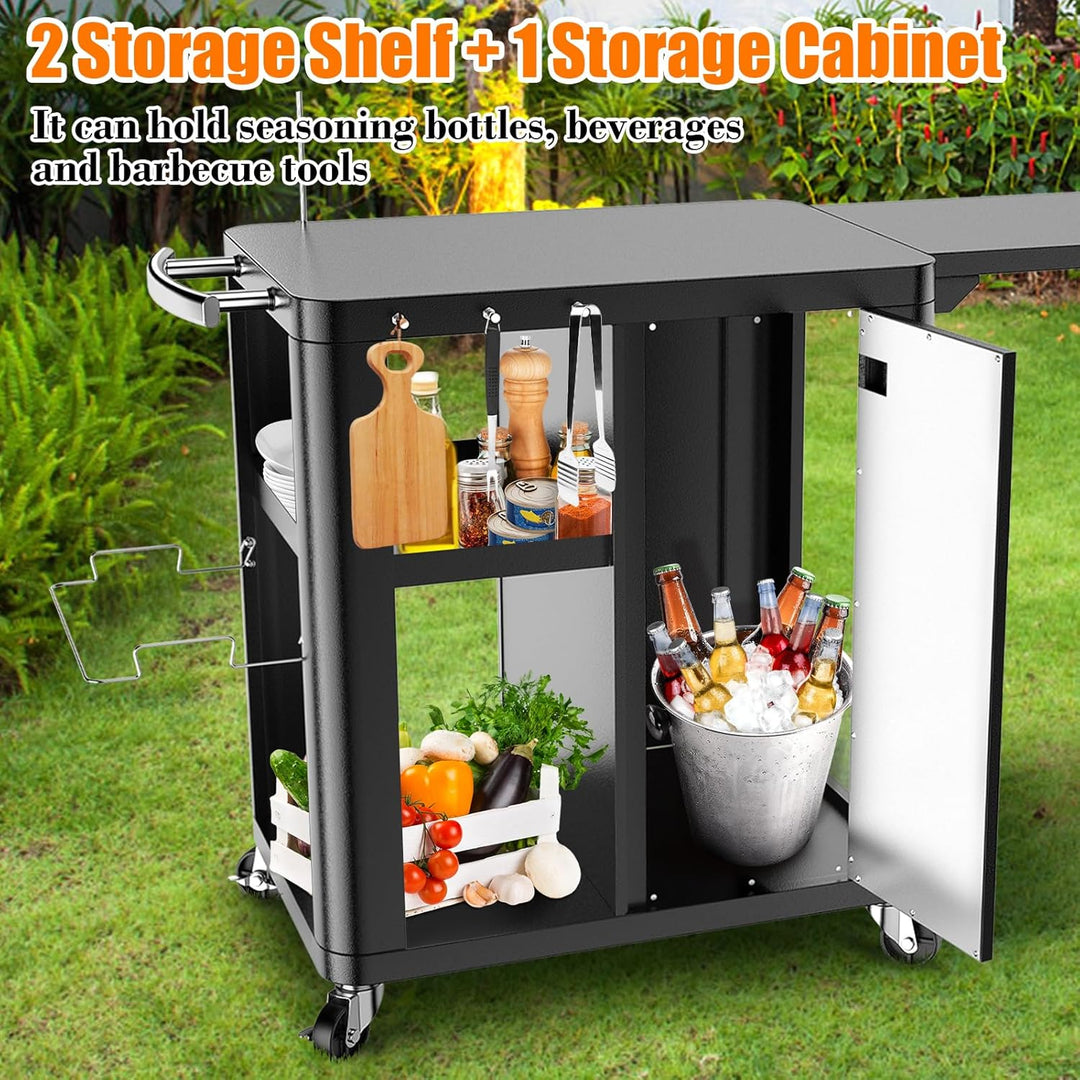 GFTIME Grillwagen, Grilltisch mit klappbarer Beistelltisch, Outdoorküche mit Haken, Aufbewahrungsreg