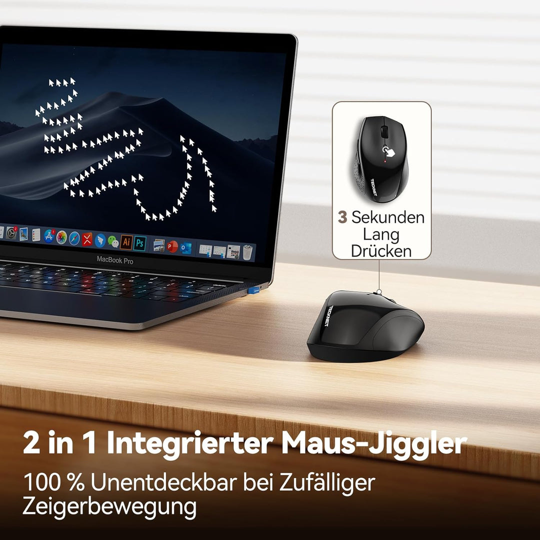 TECKNET PRO Kabellose Maus Jiggler, Wiederaufladbar, Silent Funkmaus | 6400 DPI, 2,4 GHz Computermau