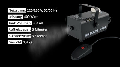 Showlite SN-400 Nebelmaschine 400W mit Fernbedienung (Nur 3 Minuten Aufwärmzeit, 56m³/min Nebelausst