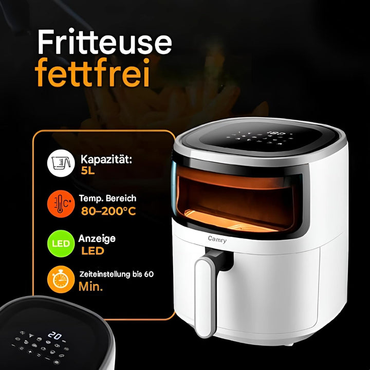 CAMRY CR 6313 Heissluftfritteuse 5L, 12 Programme, Konvektionstechnologie, 2000W, gesundes Kochen mi