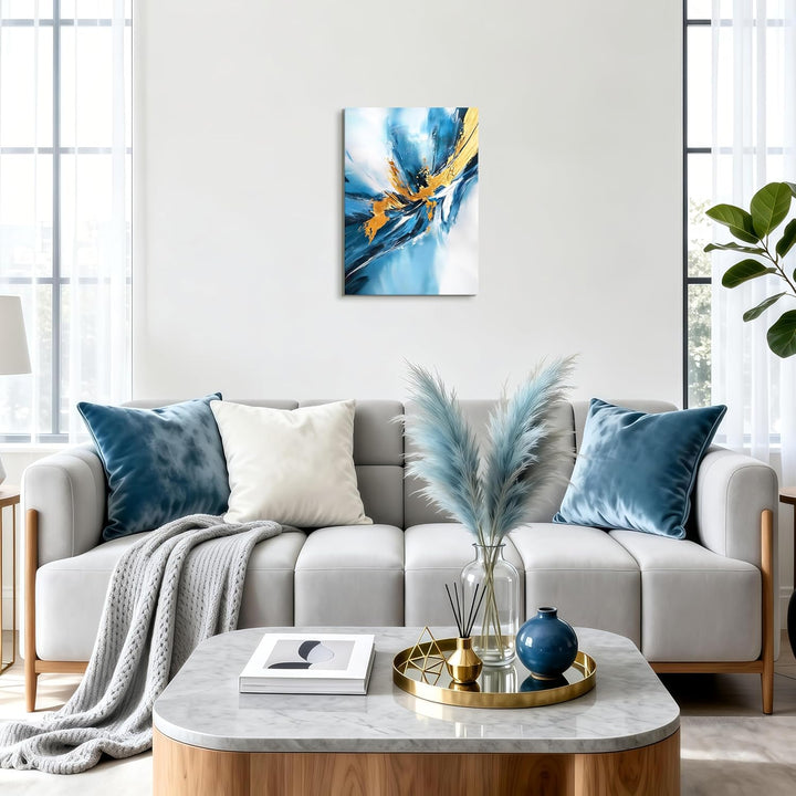FajerminArt Abstrakt Blau Gold Wellen Leinwandbilder Mit Rahmen, Modern Minimalistisch Bild Auf Lein