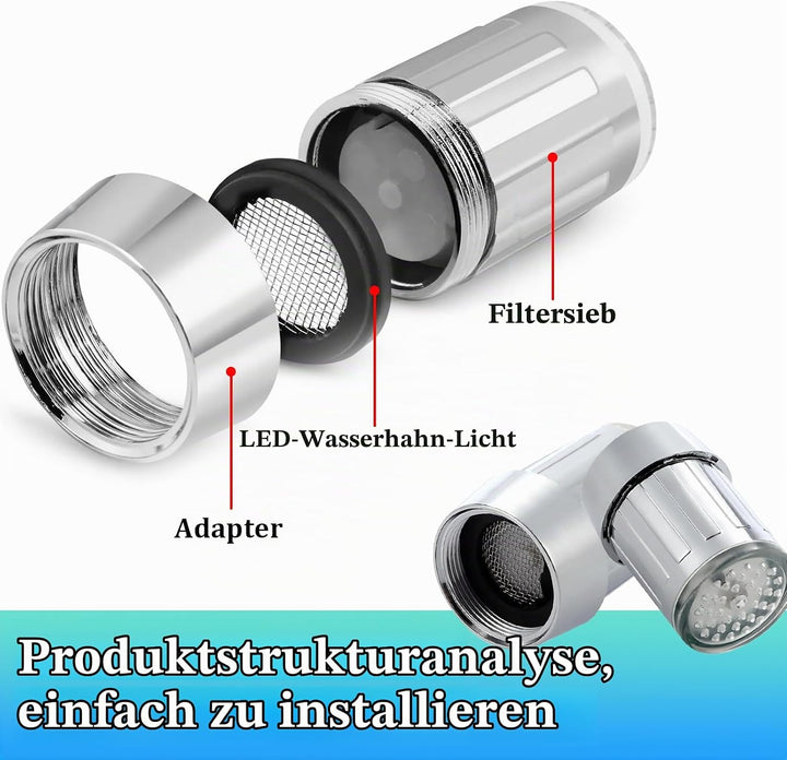 LED Wasserhahn,4 Stück LED Leuchtende Dreifarbige Wasserhahn,Licht Wasserstrahl Farbwechsel Wasserha