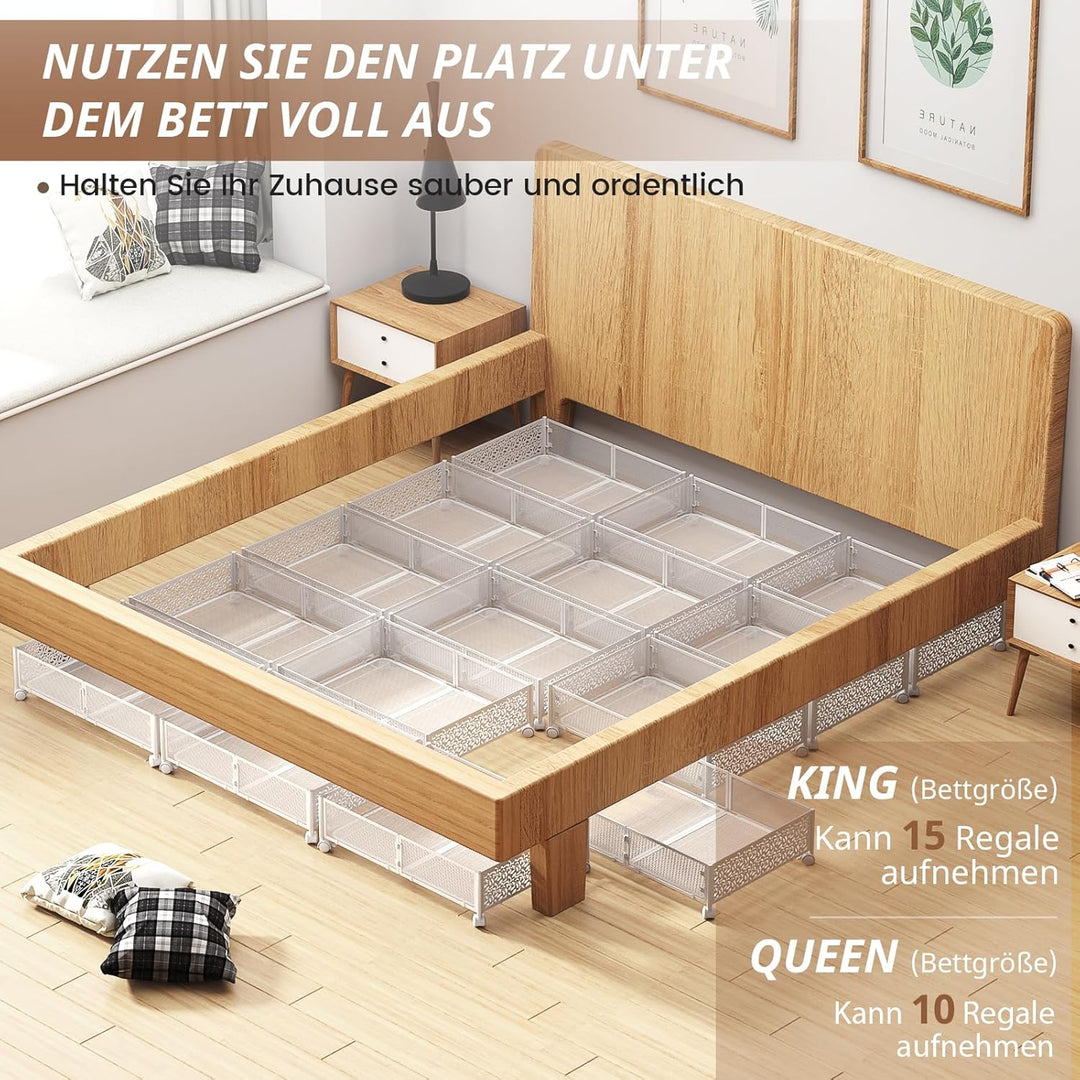 PHINOX Unterbett-Aufbewahrungsbox mit Rollen, 4 Stück faltbare Metall-Unterbettkommode zur Kleiderau