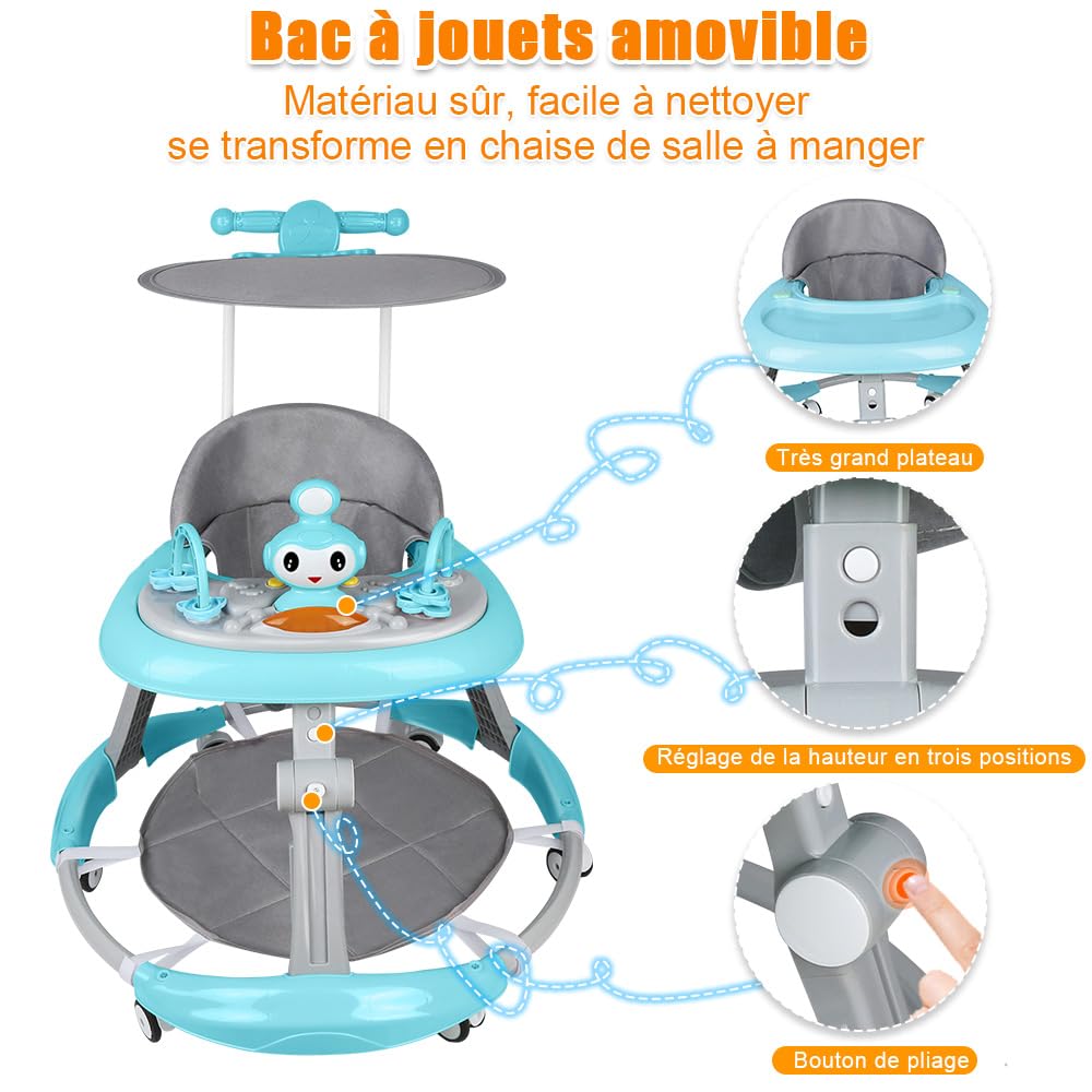 OHMG Babywalker Lauflernwagen, 5 in 1, Lauflernwagen, Wippfunktion, Babywippe mit Rollen, Licht, Mus