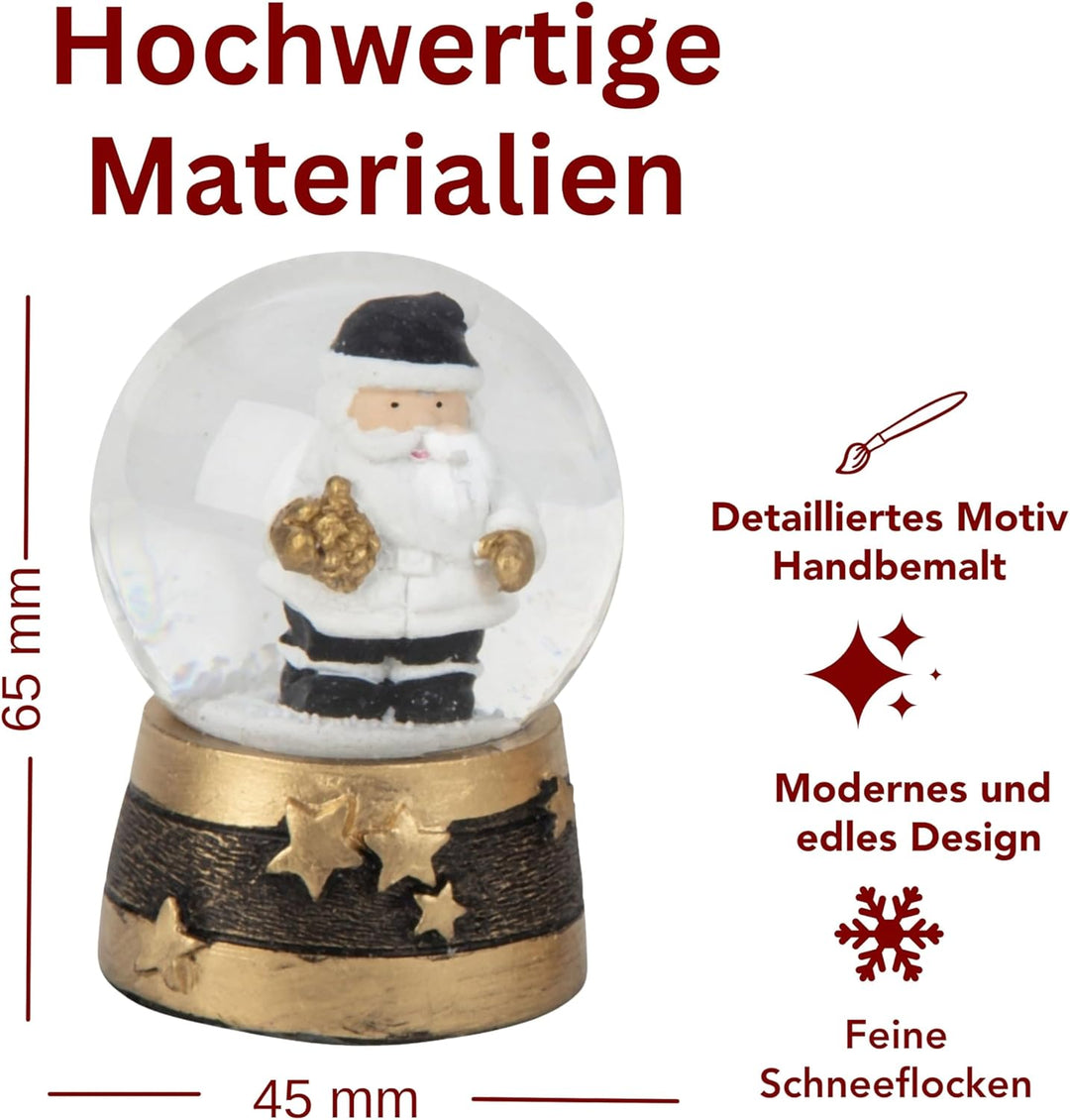 4 x süsse Schneekugeln Nostalgie in 2 Formaten | Edles Design in Gold weiss schwarz | Weihnachtsmann