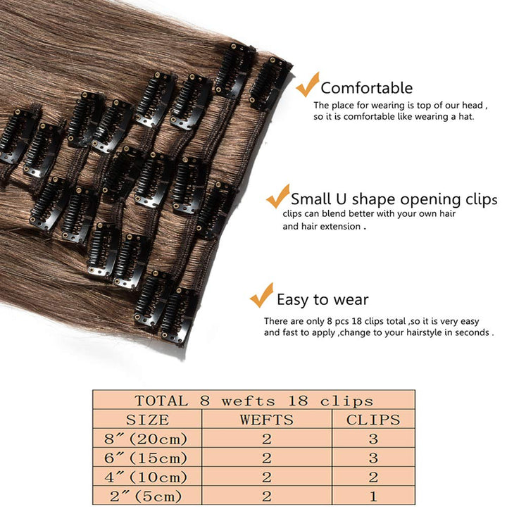 SEGO Extensions Clip in Echthaar 8 Pcs Clip in Echthaar Remy Haarverlängerung Natürliche Haarteil gl
