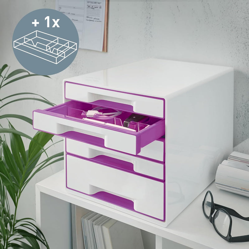 Leitz CUBE Schubladenbox mit 5 Schubladen, Weiss/Violett, A4, Inkl. transparentem Schubladeneinsatz,