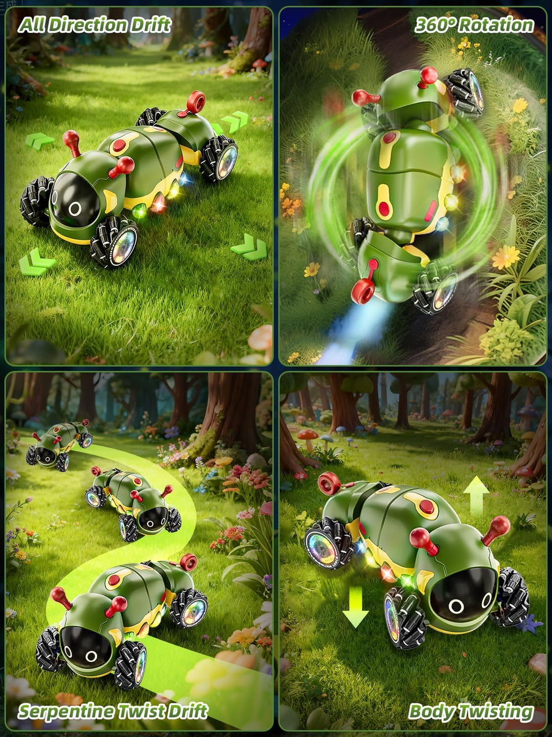 Ferngesteuertes Auto Raupe mit Musik, 2,4 GHz RC Stunt Car mit Spray & Cool Beleuchtung, 4WD 360°Rot