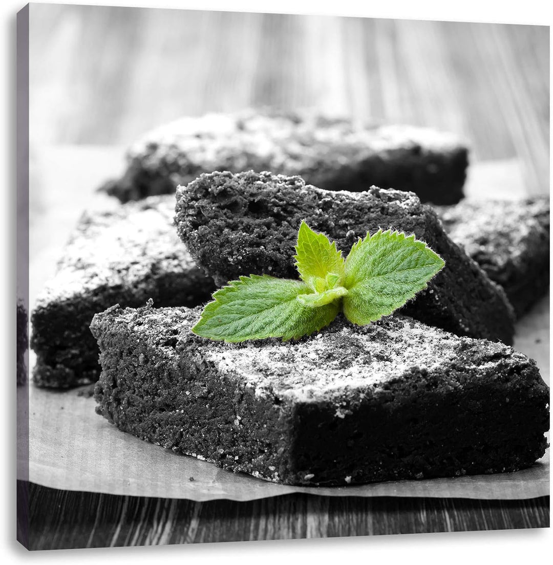 Pixxprint köstlicher Brownie mit Minze als Leinwandbild Quadratisch| Grösse: 70x70 | Wandbild| Kunst