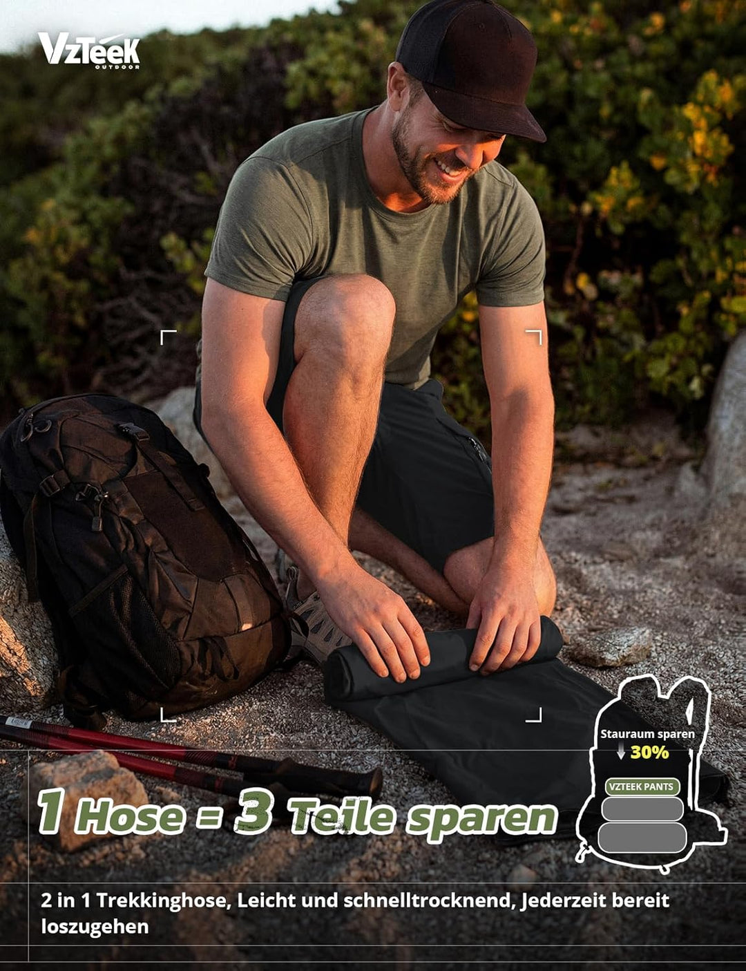 Vzteek Herren Wanderhose Zip Off Trekkinghose Outdoorhose Sommer Softshell Stretch Hose Kurz für Wan