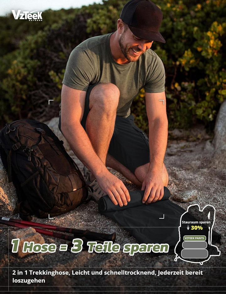 Vzteek Herren Wanderhose Zip Off Trekkinghose Outdoorhose Sommer Softshell Stretch Hose Kurz für Wan