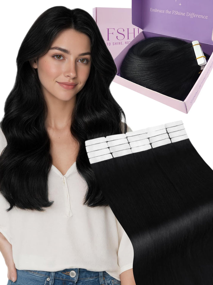 Fshine Schwarz Tape in Extensions Echthaar 34cm Echthaar Tiefschwarz 100% Remy Menschliches Haar Adh