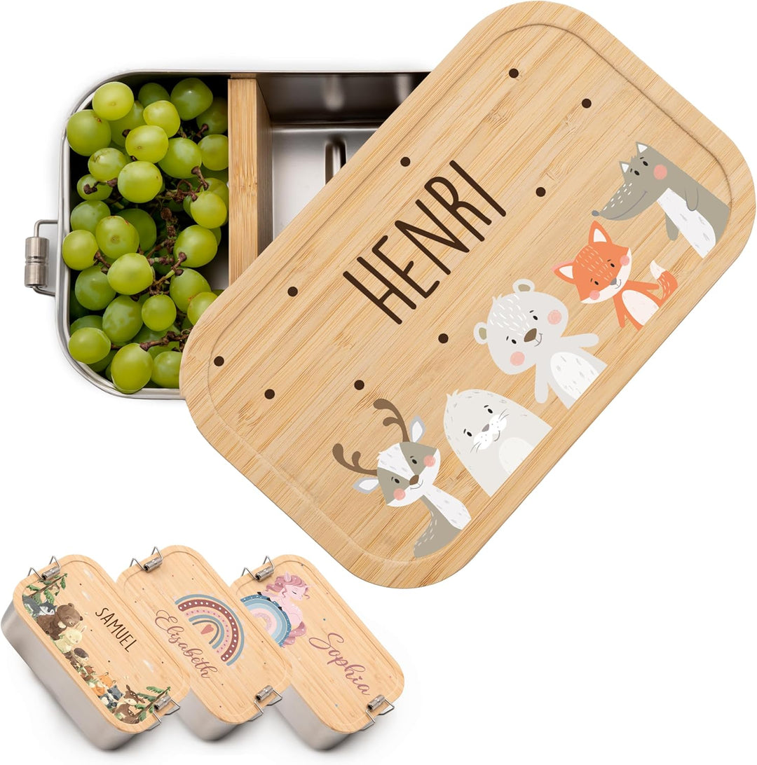 Kidsmood - Personalisierte Brotdose Kinder mit Fächern – Edelstahl Snackbox mit Fächern für Schule &amp;