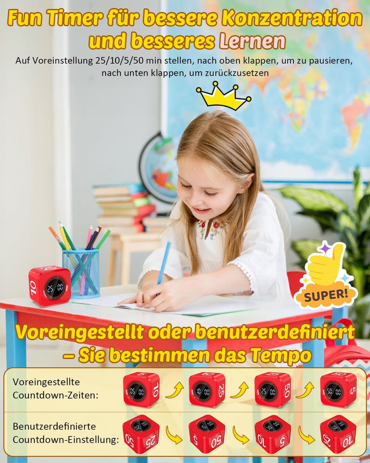 Pomodoro Timer Cube, Visueller Würfel-Timer für Kinder, Digitale LED Drehbarer Timer mit 5/10/25/50