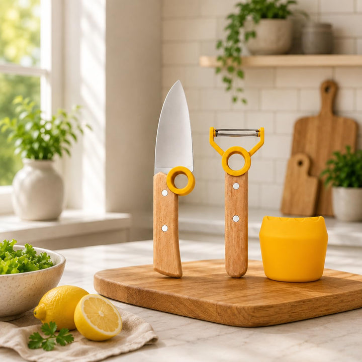 Kinder Kochmesser Set - 3 teilig - Kochmesser - Fingerschutz - Sparschäler - rostfrei Gelb, Gelb