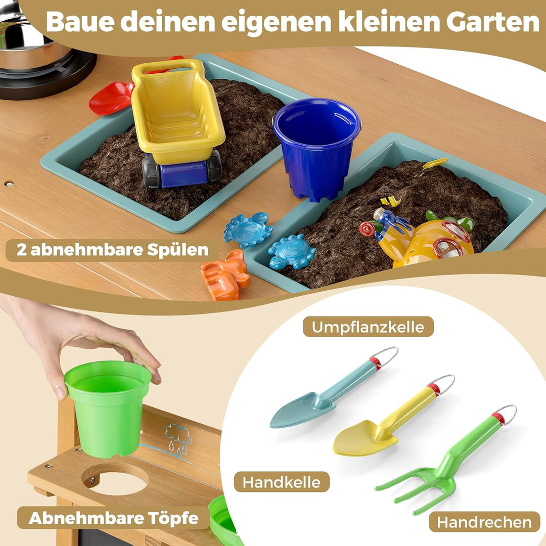 COSTWAY Matschküche Kinder Outdoor, Kinderküche mit Tafel, Wasserhahn, Spülen, Blumentöpfen & Garten