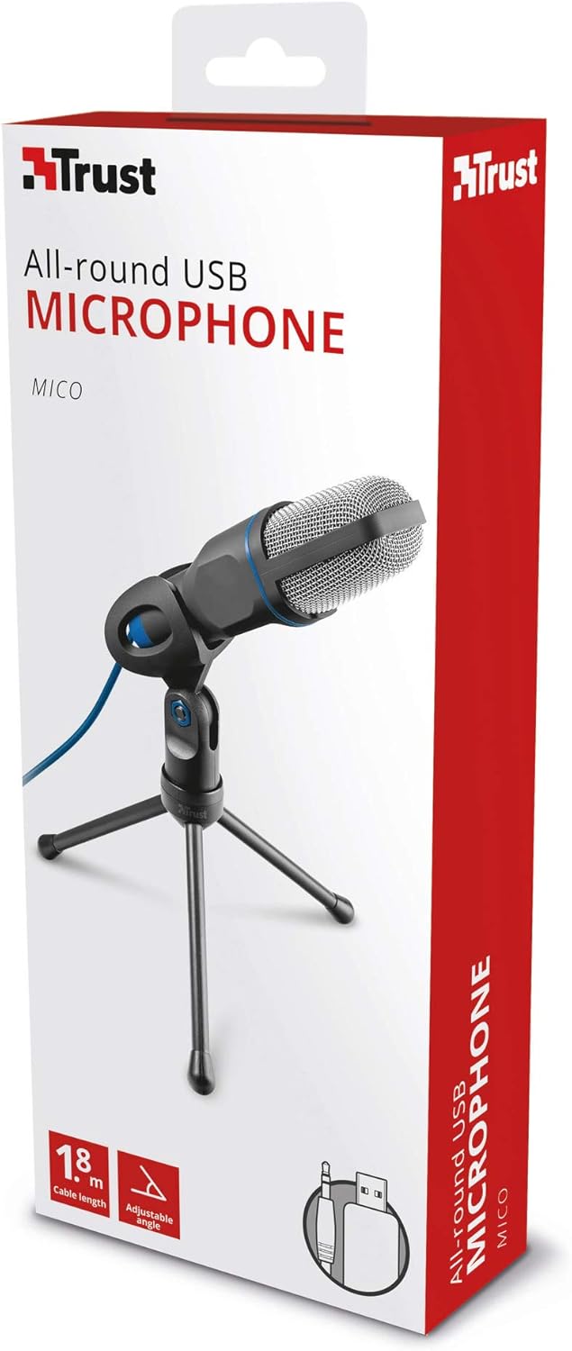 Trust Mico PC Mikrofon mit Kondensator und Stativ, Mit 3,5 mm und USB Anschluss, Plug and Play, Micr