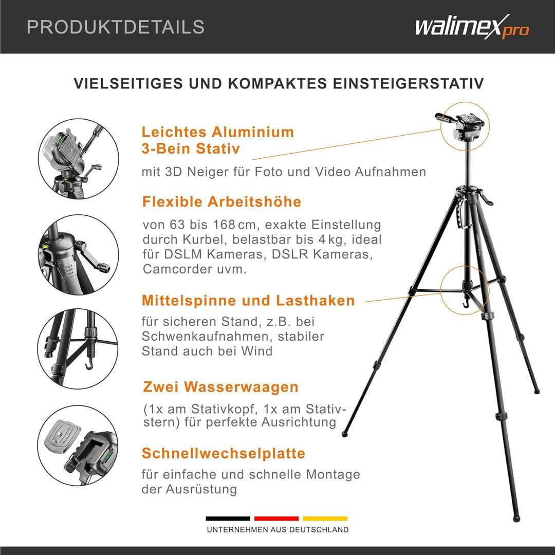 Walimex pro WT-3570 Basic Stativ 168cm schwarz – 4kg Traglast, grosses und stabiles Foto Video Stati