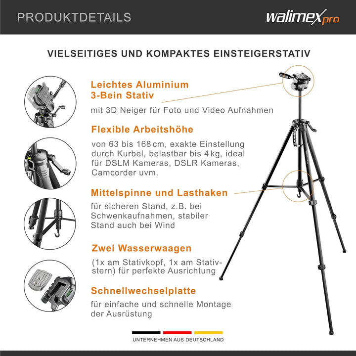 Walimex pro WT-3570 Basic Stativ 168cm schwarz – 4kg Traglast, grosses und stabiles Foto Video Stati
