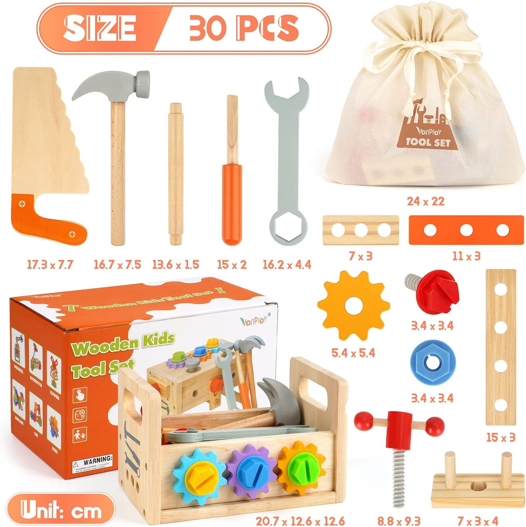 Vanplay Holzspielzeug Werkzeugkoffer Kinder Werkzeug Werkzeugkasten Kinder mit Farbige Holzwerkzeuge