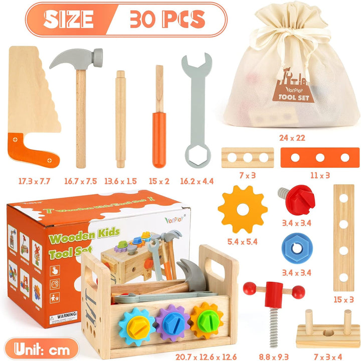 Vanplay Holzspielzeug Werkzeugkoffer Kinder Werkzeug Werkzeugkasten Kinder mit Farbige Holzwerkzeuge