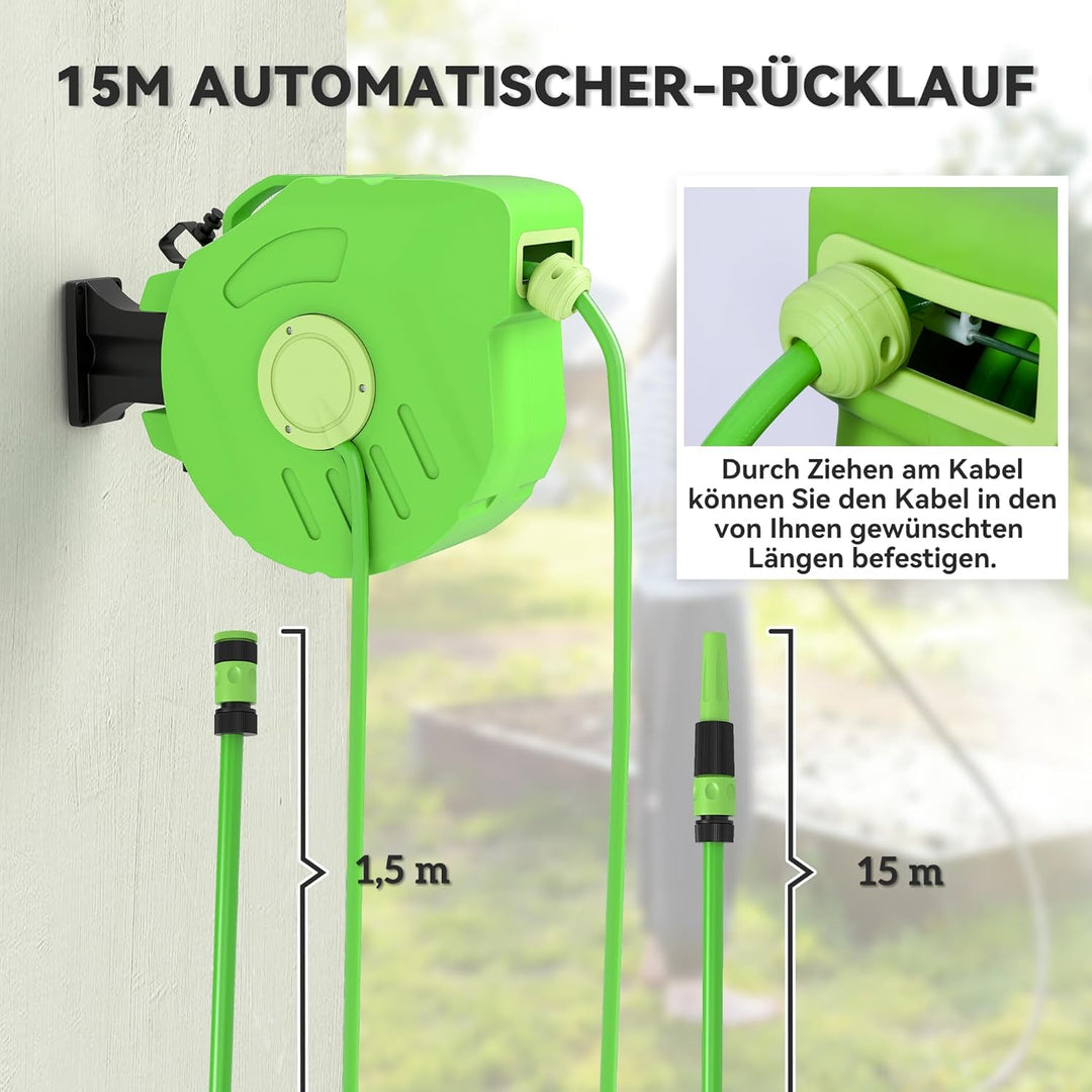 Outsunny Schlauchtrommel 15+1,5m Schlauchaufroller Automatik schwenkbar Druckluft Garten 180° schenk