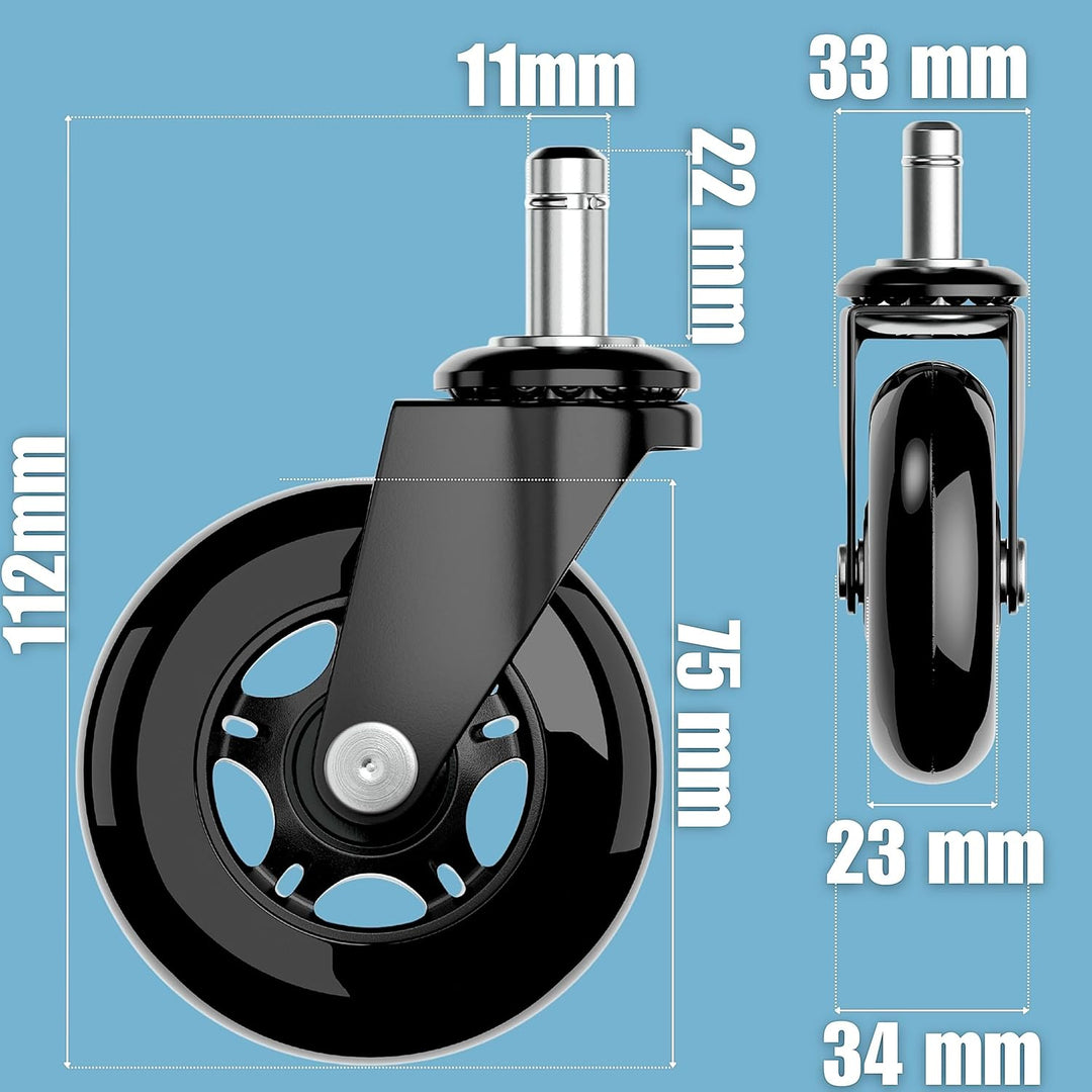 XeloTech 5er Set Hartboden-Rollen für Bürostuhl - 11mm x 22 mm - Black Edition - Sehr leise Bürostuh