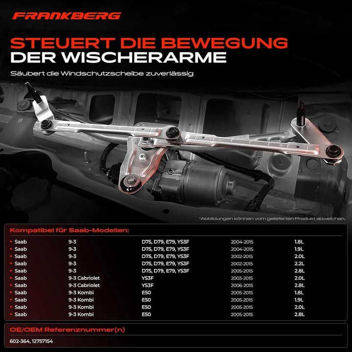Frankberg 1x Scheibenwischer Wischergestänge ohne Motor Vorne Kompatibel mit 9-3 YS3F 1.8L-2.8L 2002
