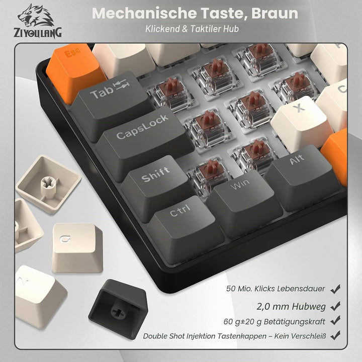 ZIYOU LANG Wired Gaming-Tastatur und Maus Combo mit Spiral USB-C Kabel T60 Pro - Kompakt 60% UK Layo
