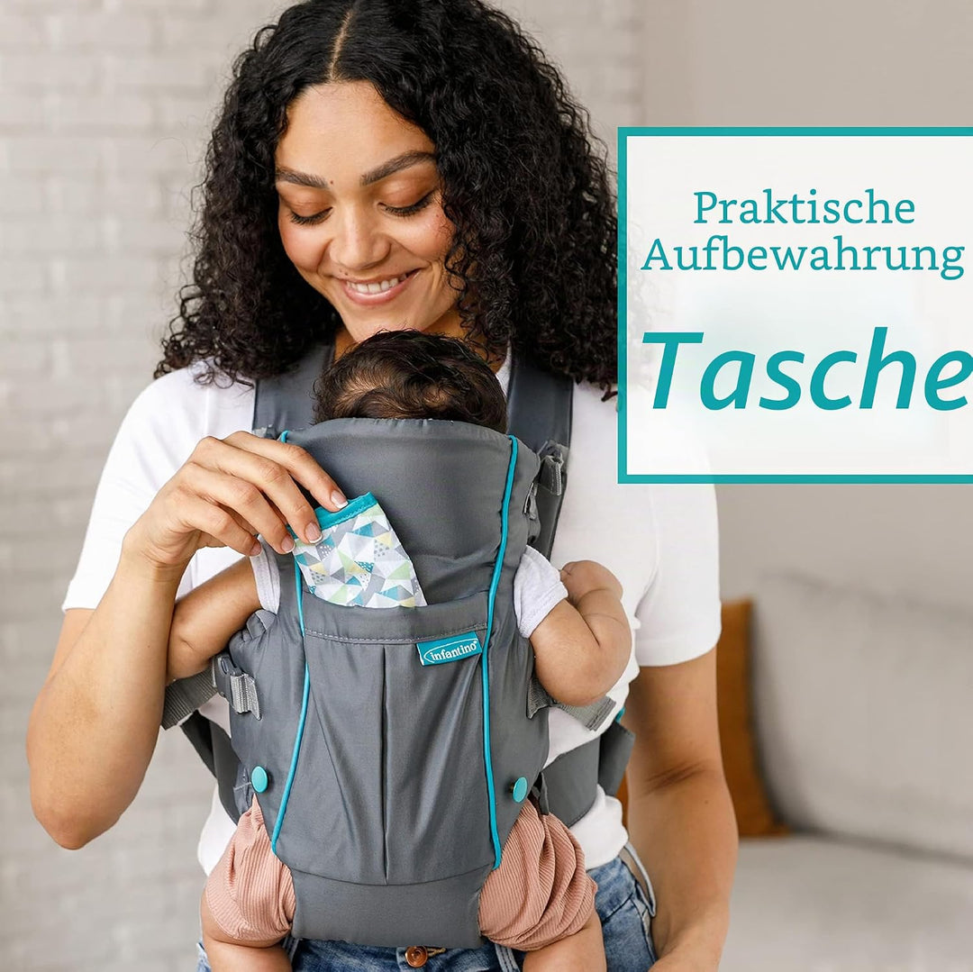 Infantino Swift Classic Babytrage, 2 Tragepositionen mit Wonder Cover Lätzchen, verstellbare Gurte,