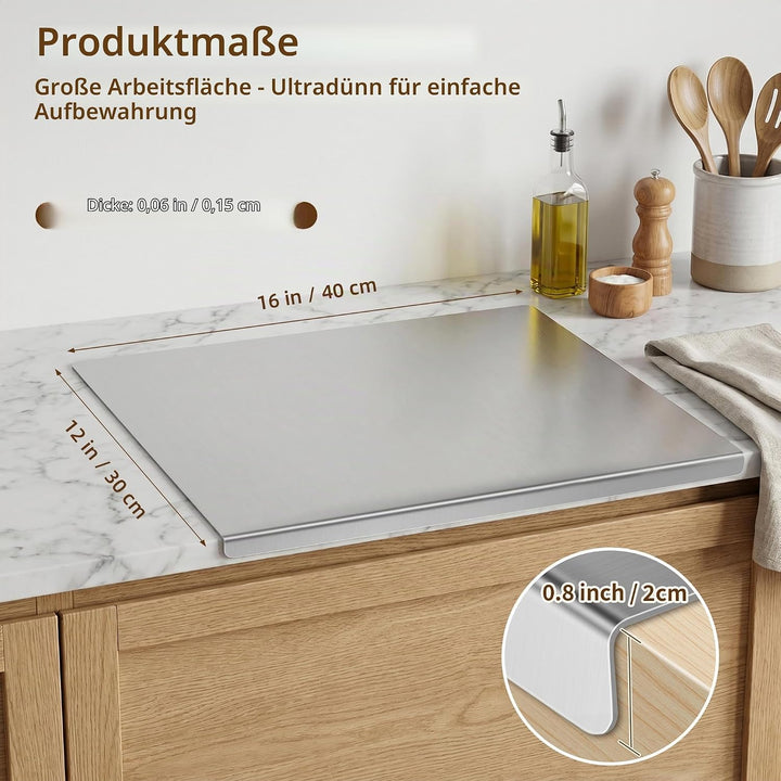 Edelstahl Schneidebrett mit Anschlagkante, Küchenbrett 40 x 30 cm zum Teigkneten, Fleisch, Gemüse un
