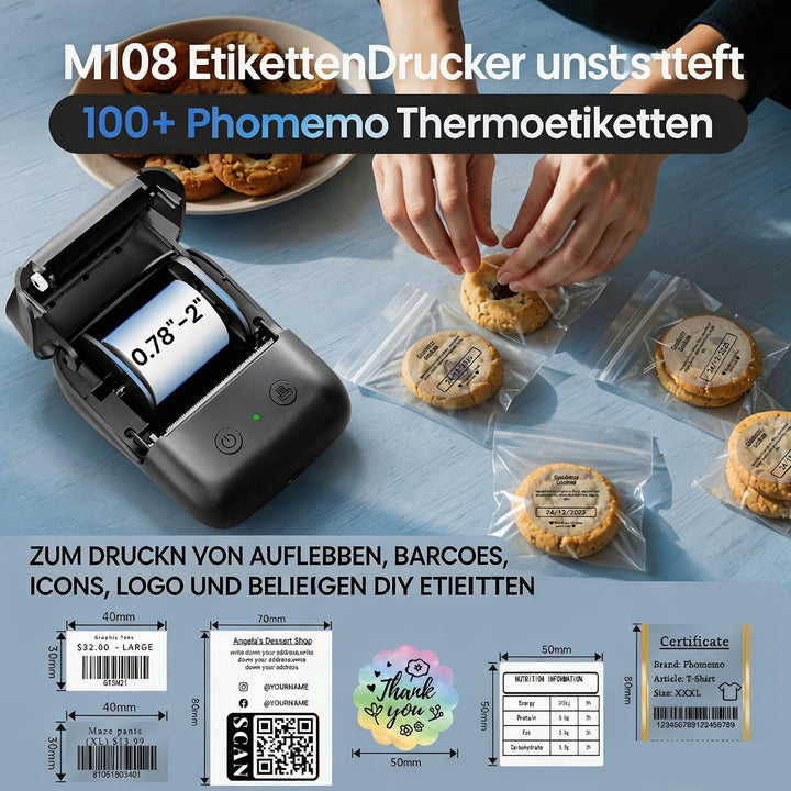 Phomemo M108 Etikettendrucker, Bluetooth Label Printer für 5000+ Vorlagen Schwarz M108 + 1 Etiketten