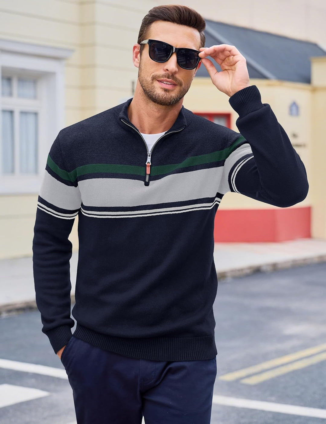 MAGCOMSEN Herren Strickpullover Stehkragen 1/4 Zip Pullover Gestreift Sweater Baumwolle Langarm Swea