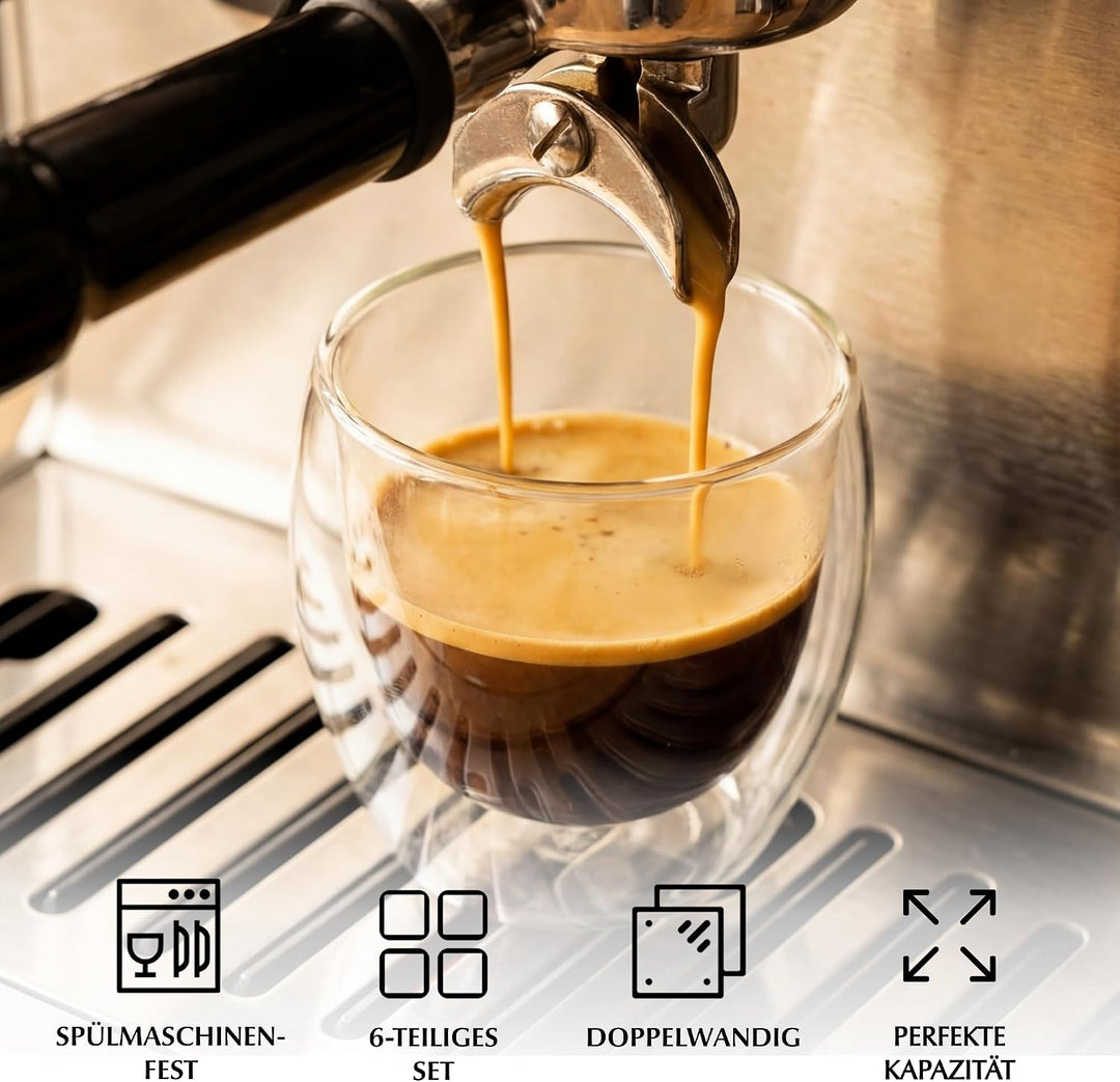 MIAMIO - Espressotassen 6er Set/doppelwandige Espresso Gläser/ohne Henkel/mit Untersetzer/Glas/dickw