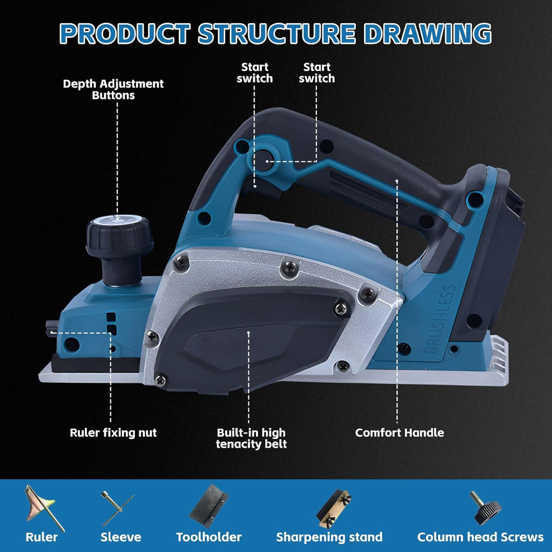 Akku-Hobel kompatibel mit Makita 18V-Akku (82mm, ohne Akku/ohne Ladegerät), 20.000 U/min, Bürstenlos
