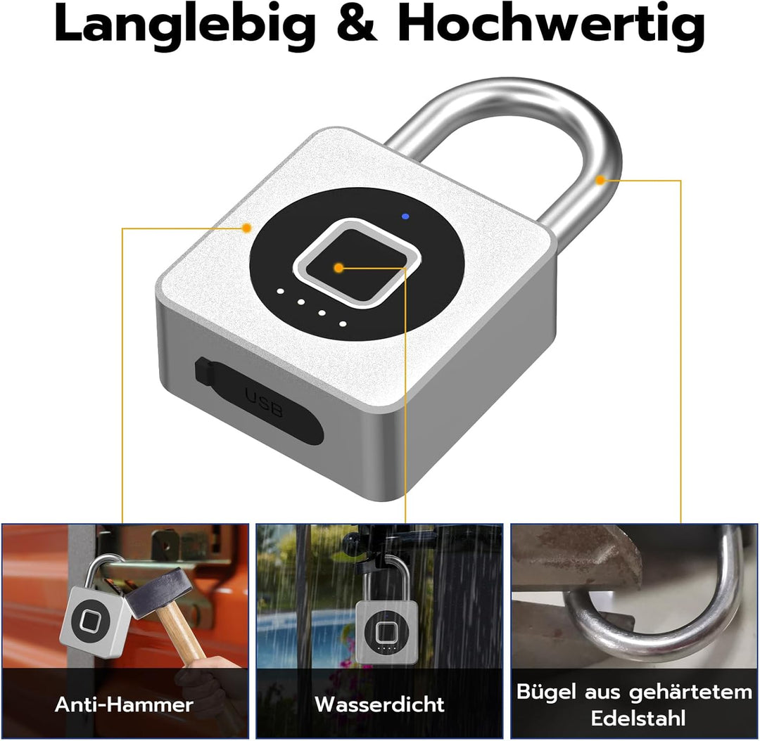 Eseesmart Fingerabdruck Schloss - Vorhängeschloss Fingerabdruck mit Kabel, Smart Lock with Bluetooth