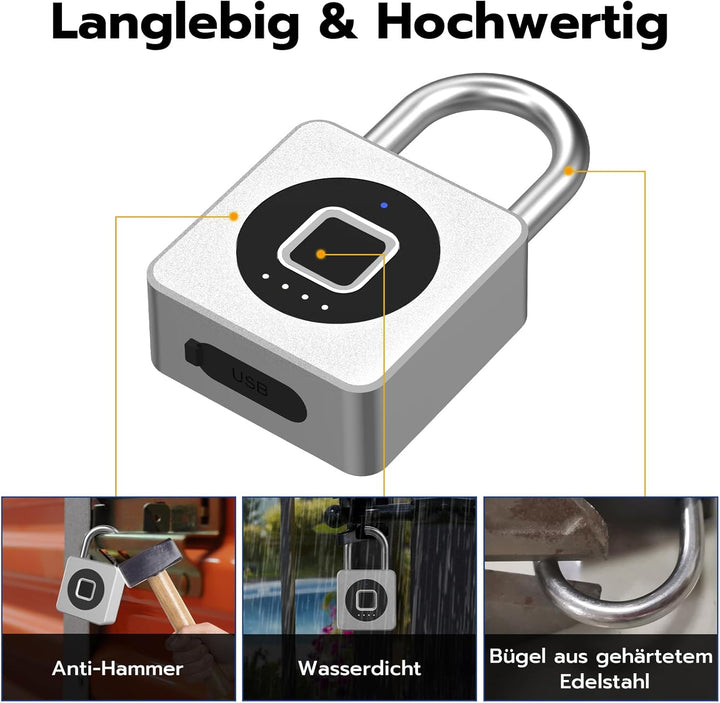 Eseesmart Fingerabdruck Schloss - Vorhängeschloss Fingerabdruck mit Kabel, Smart Lock with Bluetooth