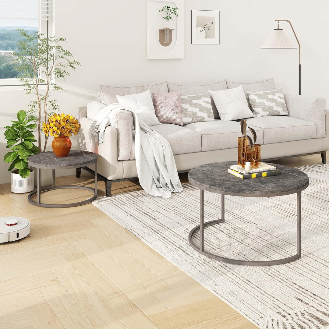 hitsuki Couchtisch Rund 2er Set, Marmor Couchtisch Grau Metallgestell Wohnzimmertisch Grau, Beistell