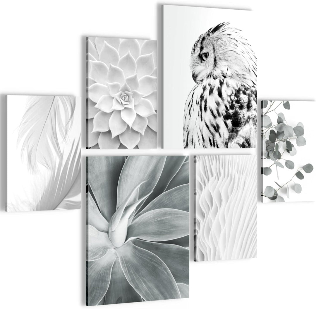 Novart Bilder Set - AUFHÄNGFERTIG - KEIN EXTRA RAHMEN BENÖTIGT - Boho Eule Modern Schwarz Weiss - Wo