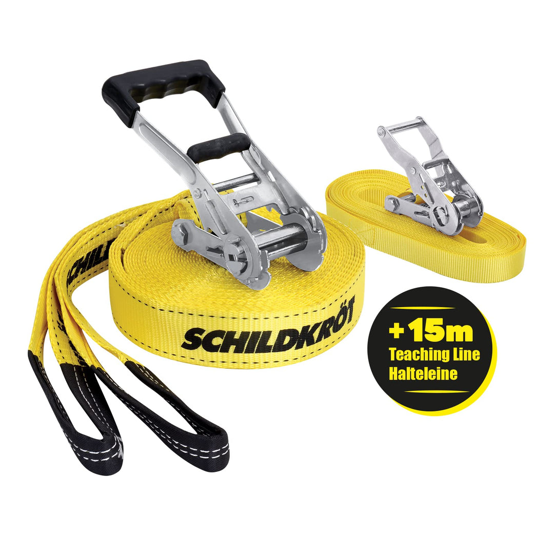 Schildkröt® Slackline 15m, zusätzlich mit Teaching Line, Hilfsline für Anfänger, robuste 5cm breite