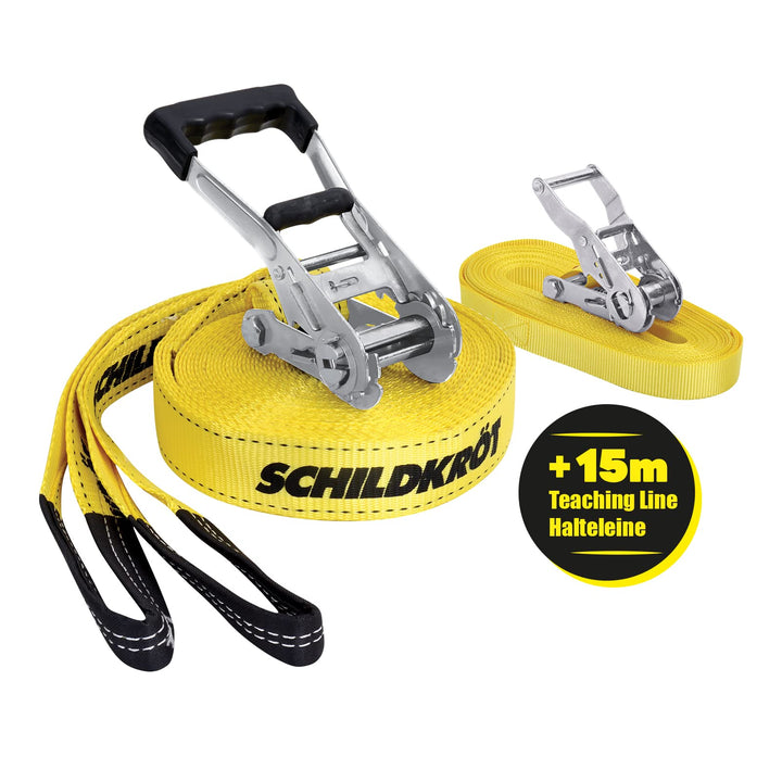 Schildkröt® Slackline 15m, zusätzlich mit Teaching Line, Hilfsline für Anfänger, robuste 5cm breite