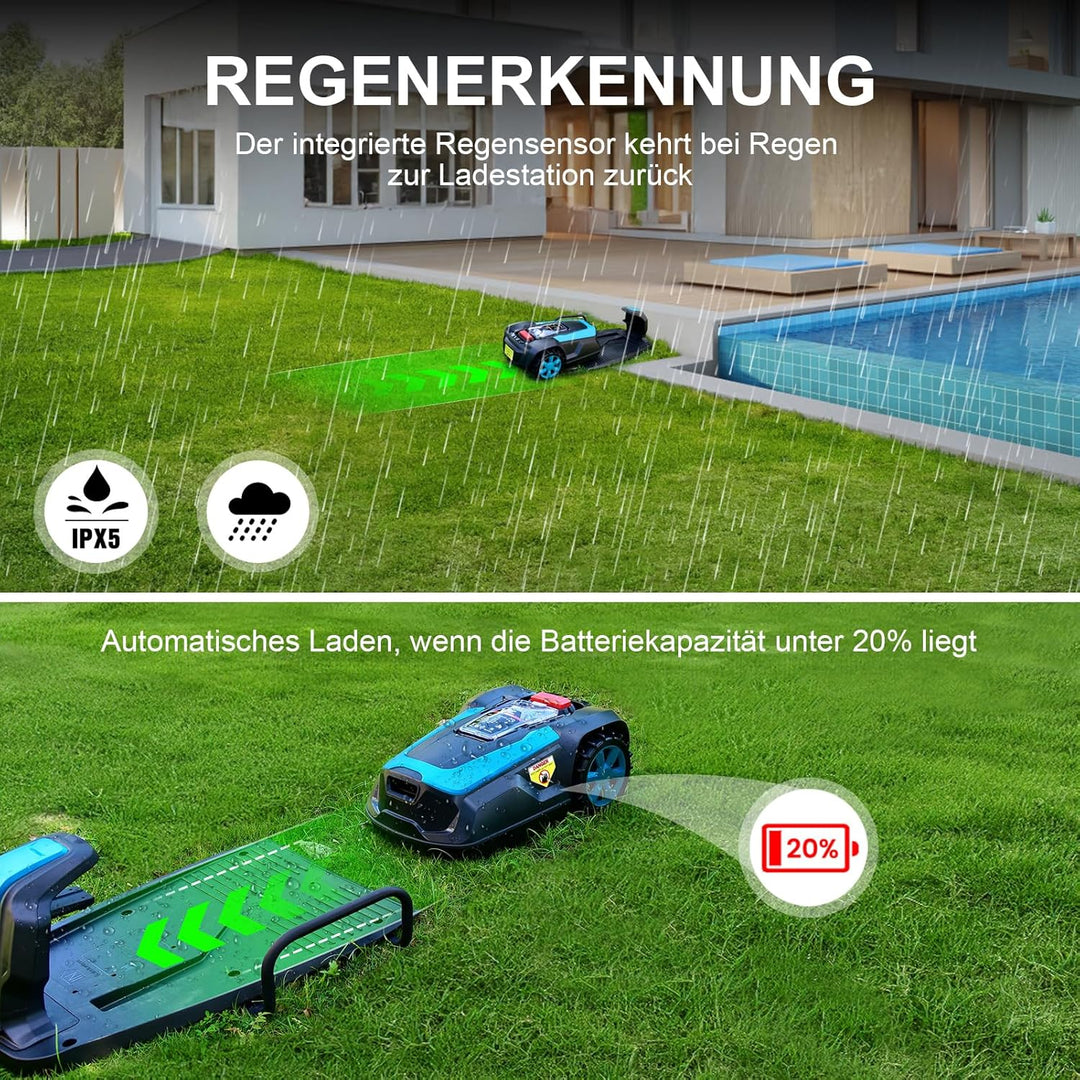 Bonnlo Mähroboter mit Begrenzungskabel, 20V 4.0Ah Akku Selbstladung, Mähroboter mit Bluetooth/WLAN S