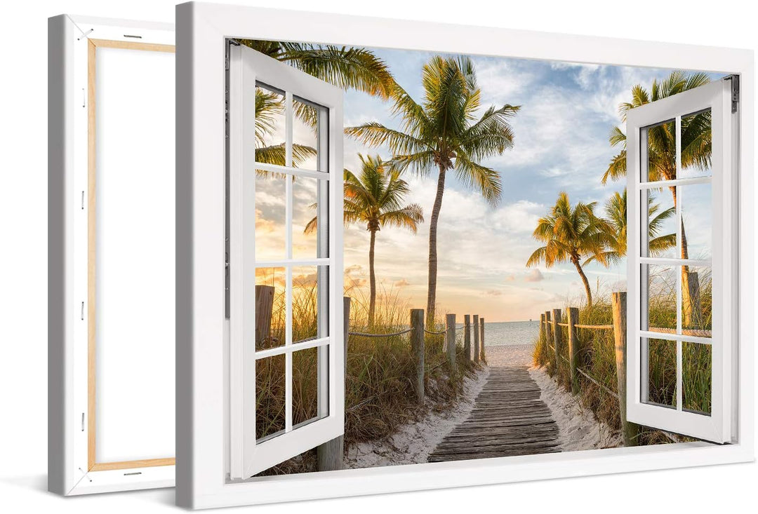 PICANOVA – Bild auf Leinwand Palmenweg zum Meer Fenster 120x80cm – Leinwandbild – Premium Leinwanddr